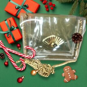 Clear Plastic Mini Crossbody Bag w/ Goldtone Fan Closure & Chain Strap
